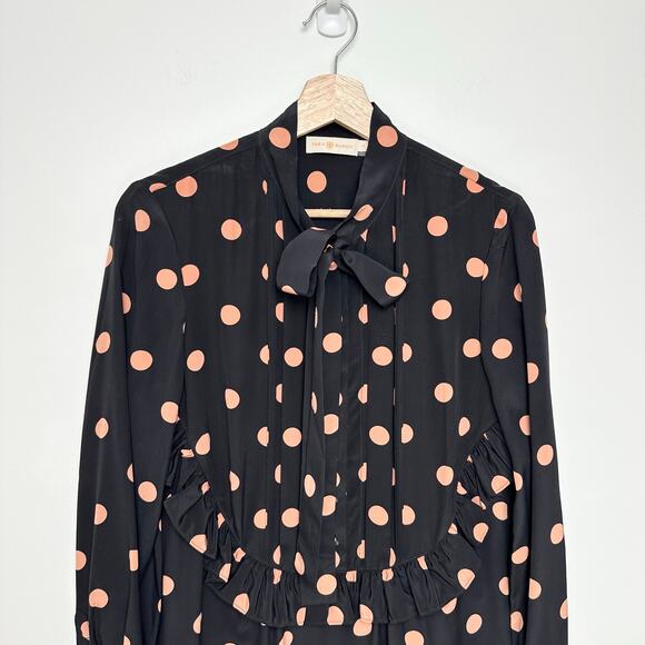 ASO Mandy Moore Tory Burch Printed Ruffle Bow Neck Polka Dot Silk Dress | SZ 4 - Picture 7 of 16